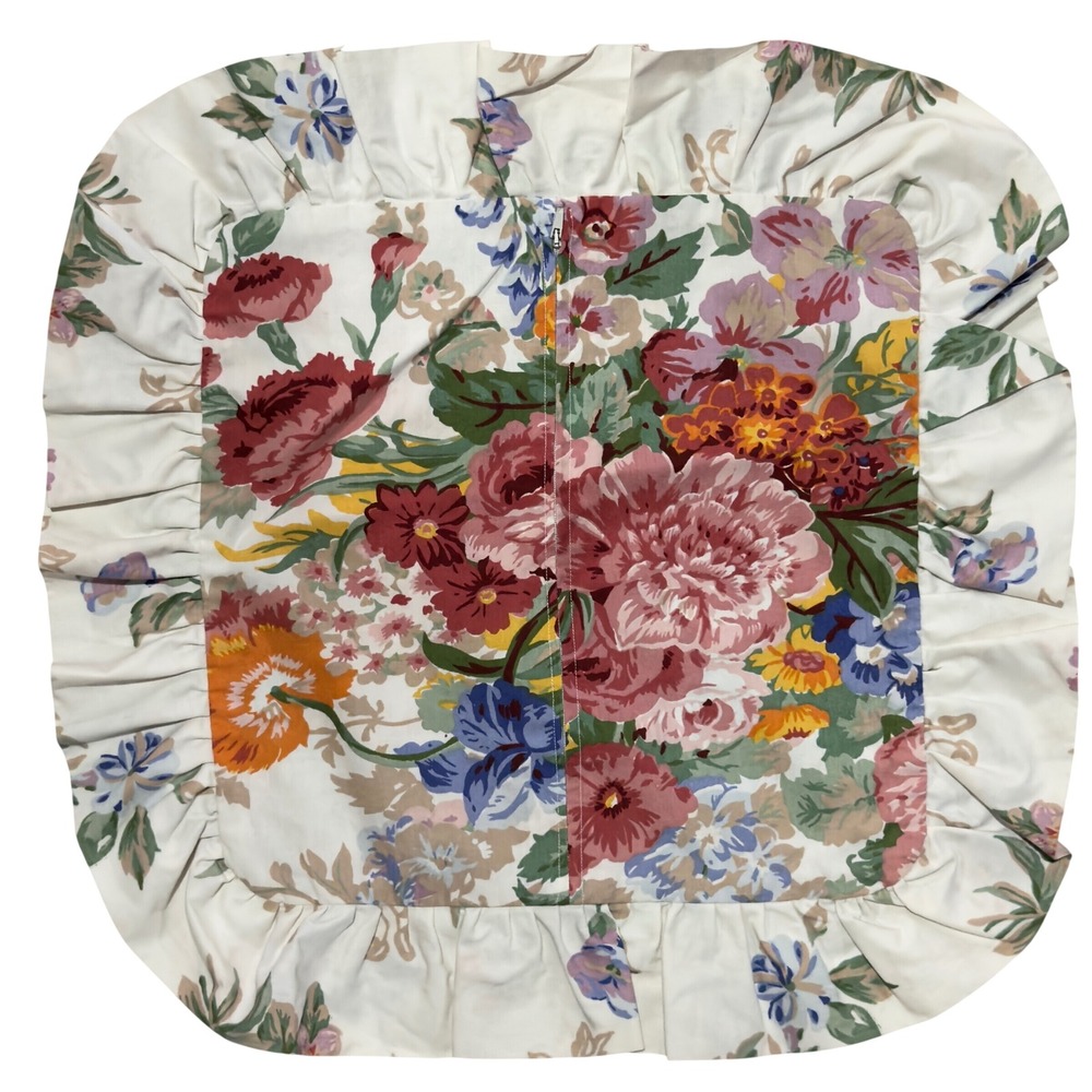 Vtg Floral 12" Square Ruffle Pillow Cover English Country Chintz Cottagecore